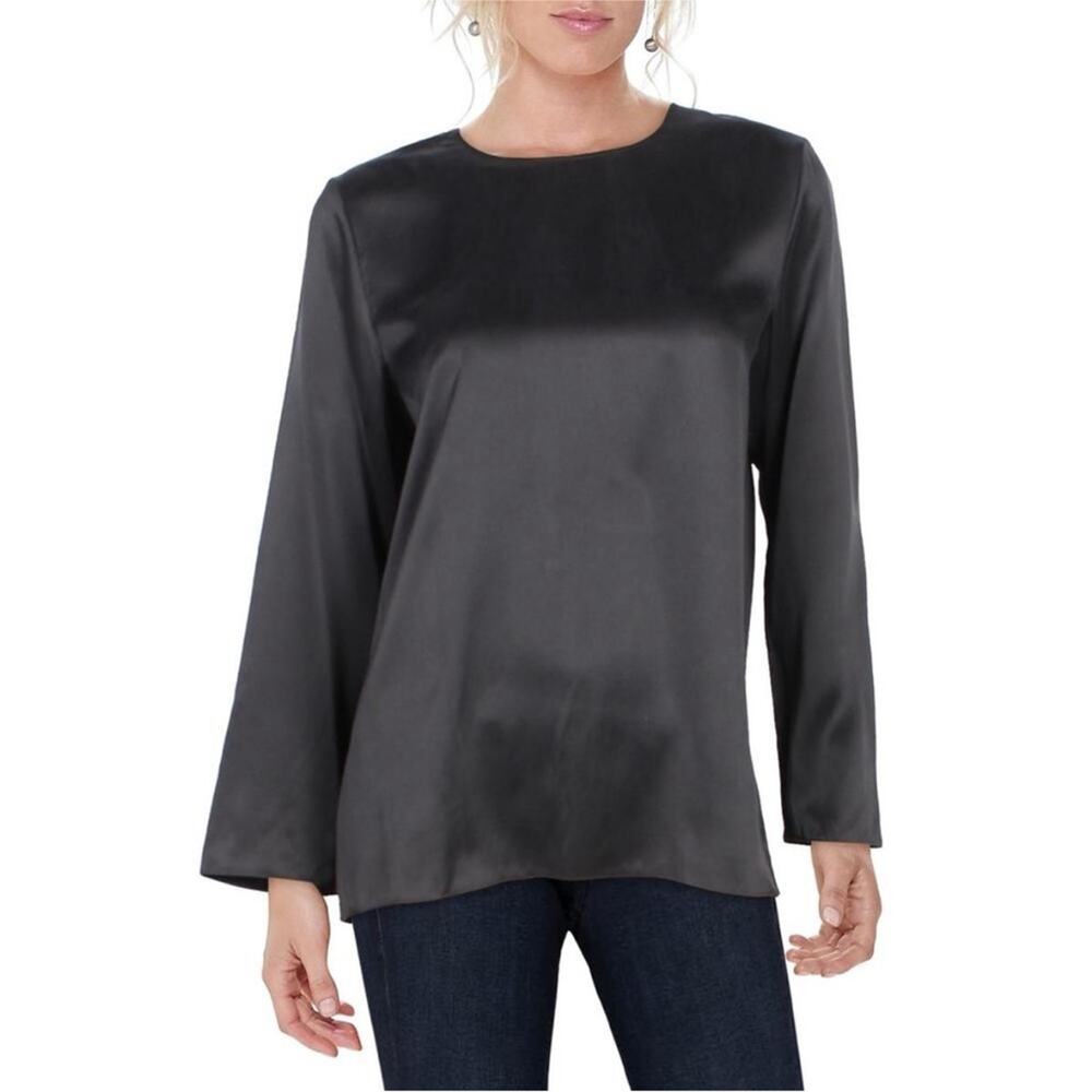 Eileen Fisher Black Silk Round Neck Shirt Blouse Top Long Sleeve Quiet Luxury XL